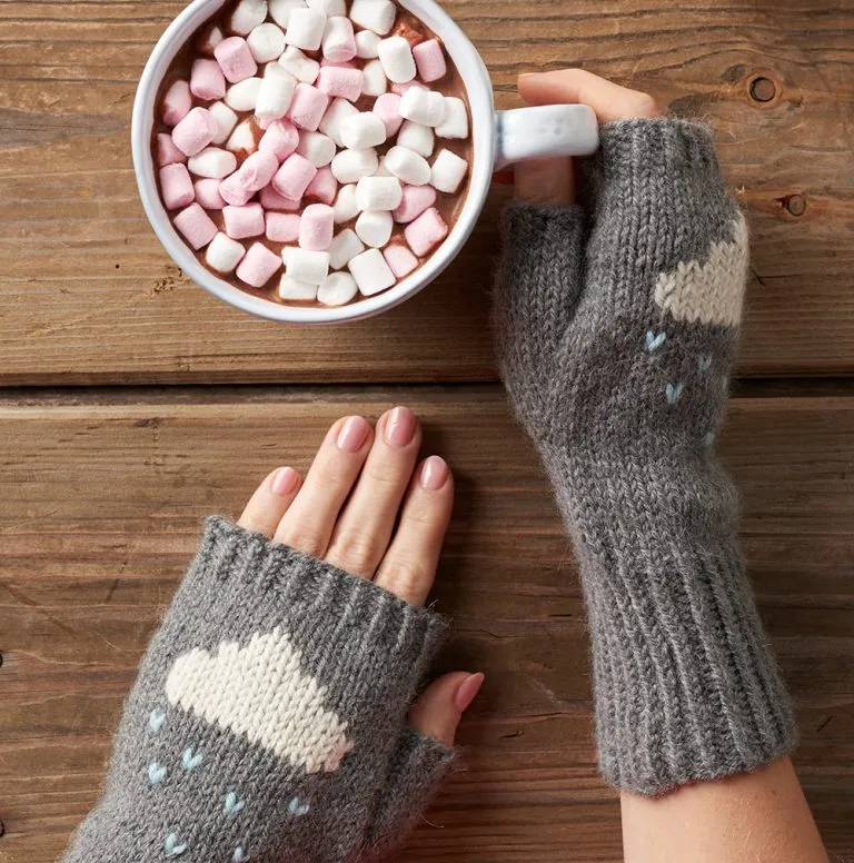 knitted wrist warmers with cloud design