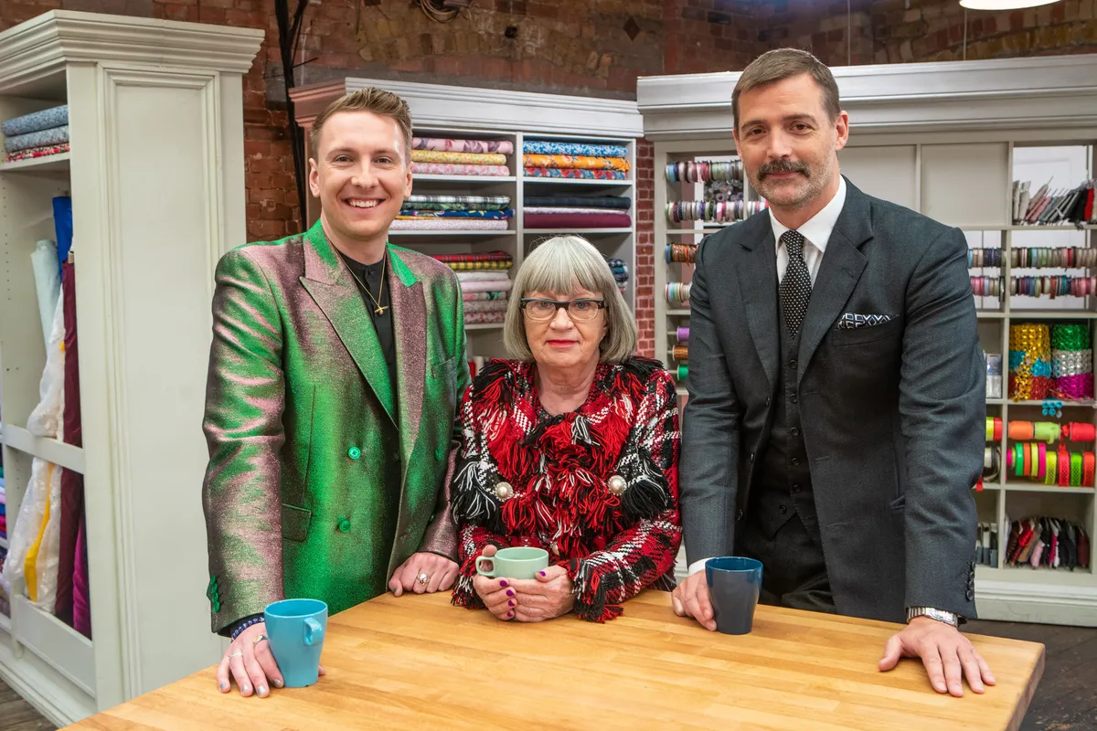 Programme Name: The Great British Sewing Bee S6 - TX: n/a - Episode: The Final (No. 10 - The Final) - Picture Shows: Joe Lycett, Esme Young, Patrick Grant - (C) Love Productions - Photographer: Mark Bourdillon