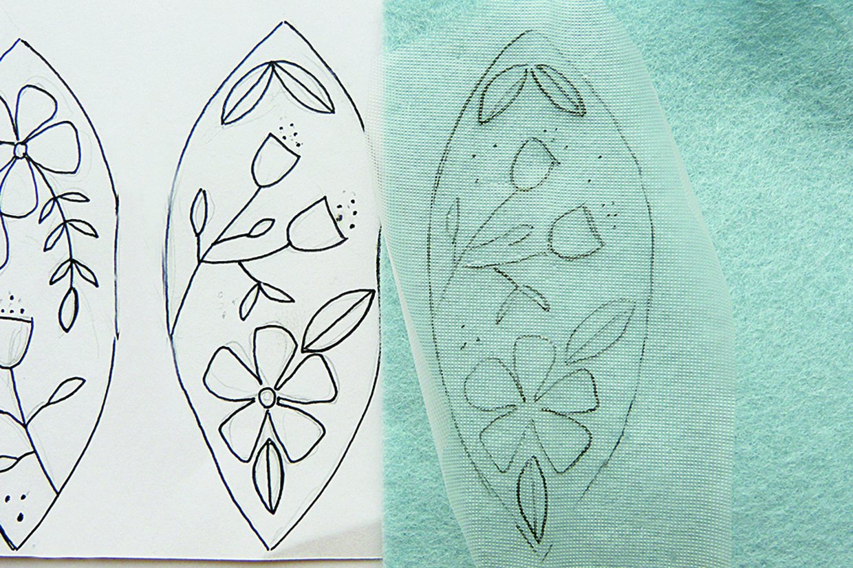 tracing the template design on to the felt eggs
