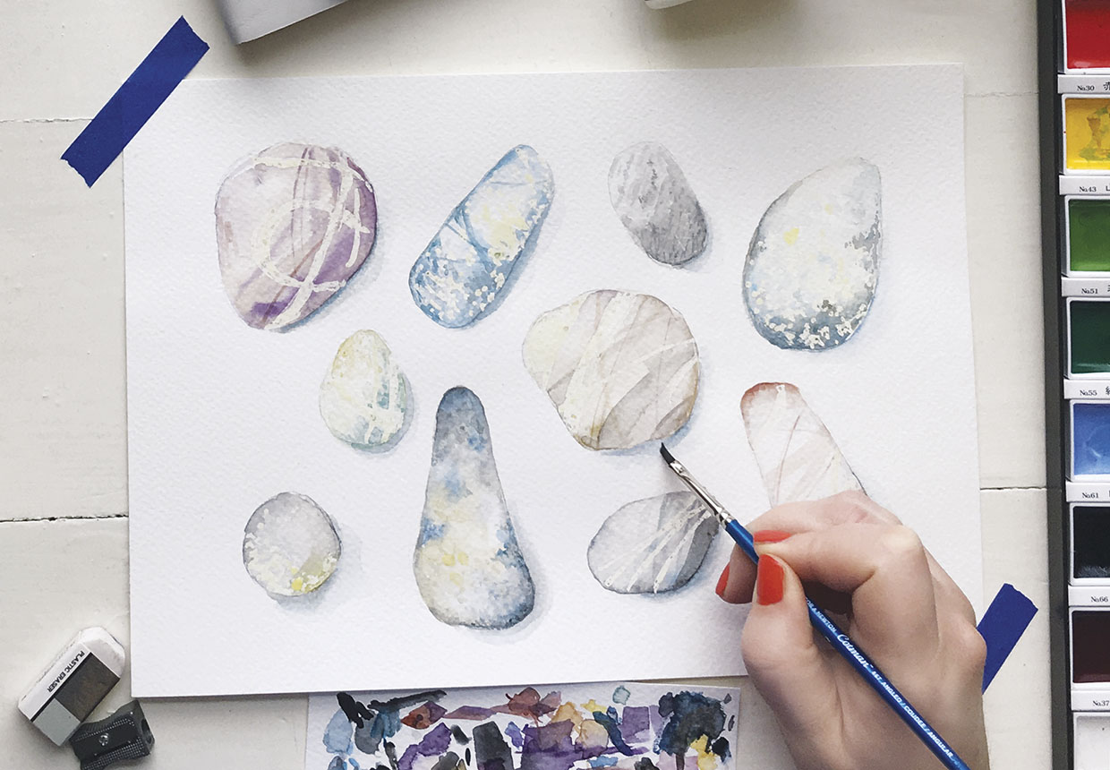 How to paint watercolour pebbles step five