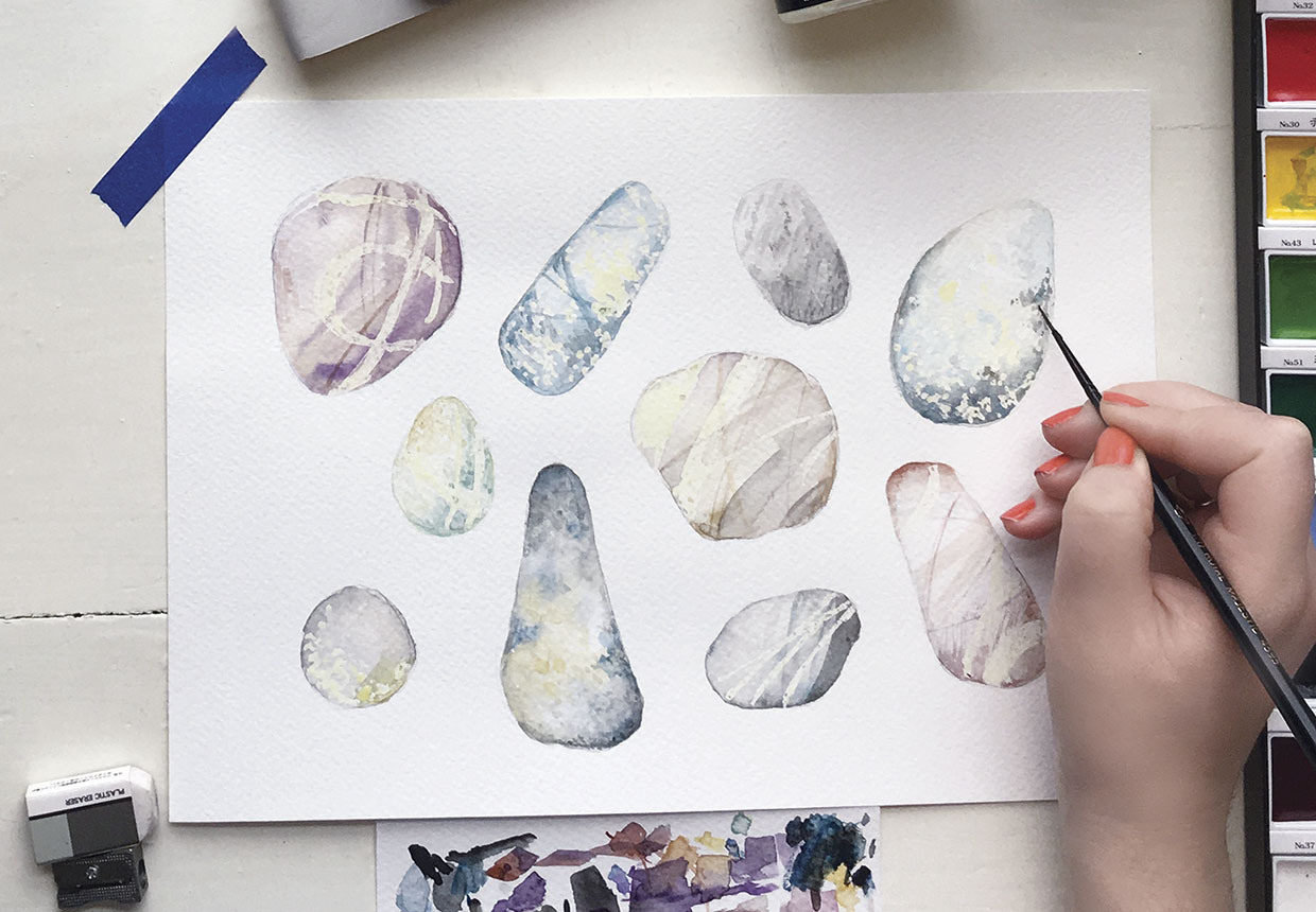 How to paint watercolour pebbles step four