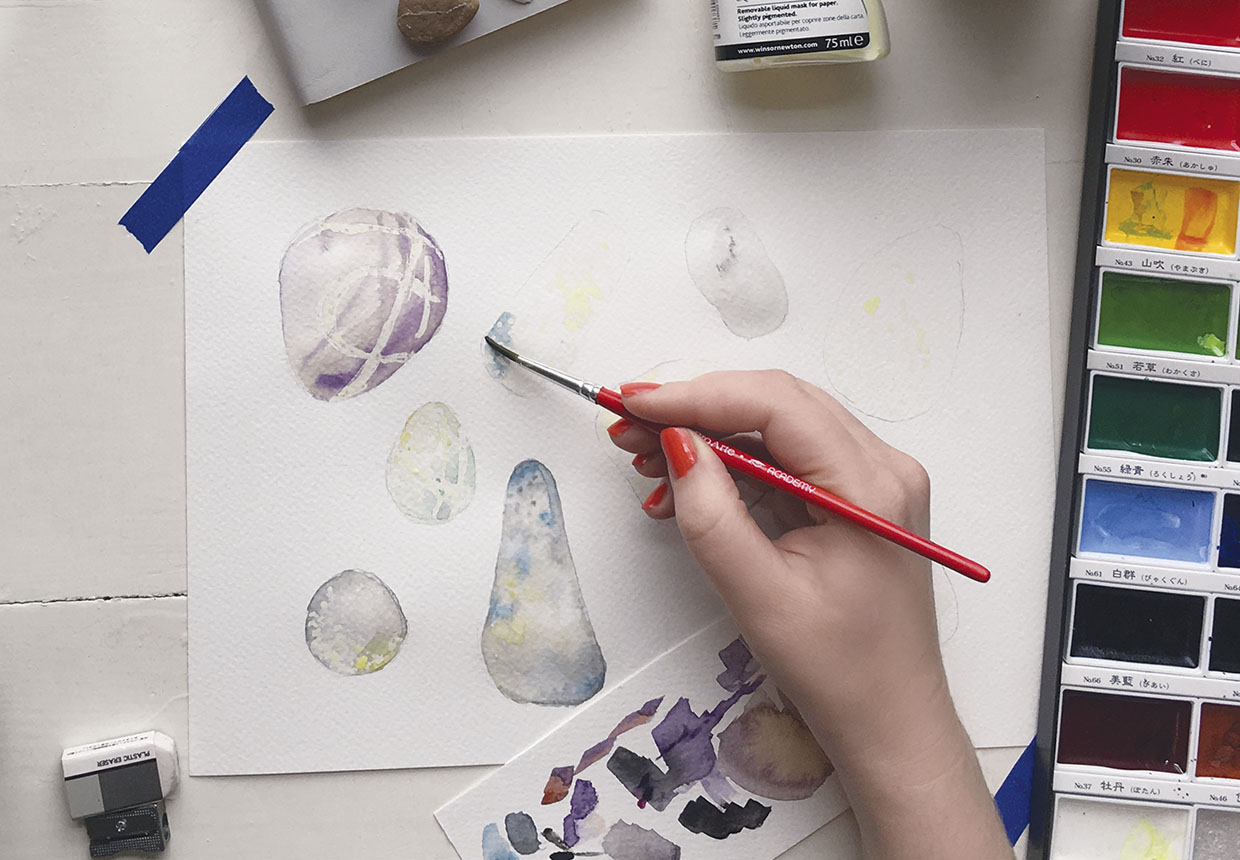How to paint watercolour pebbles step three
