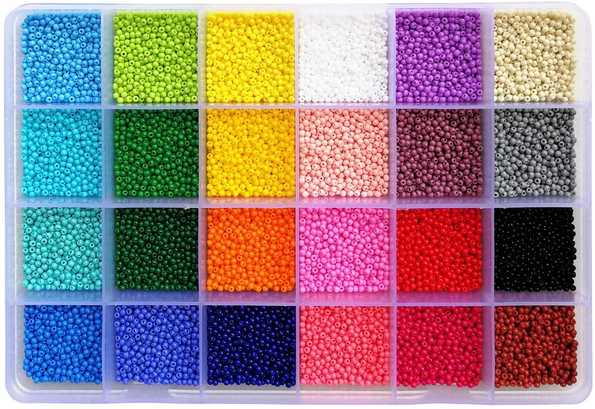 multicoloured seed beads in plastic container