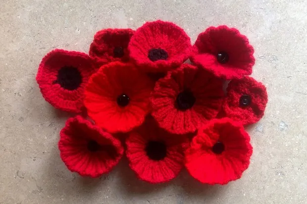 the free knitted poppy pattern is worked in red yarn with a black button at its centre