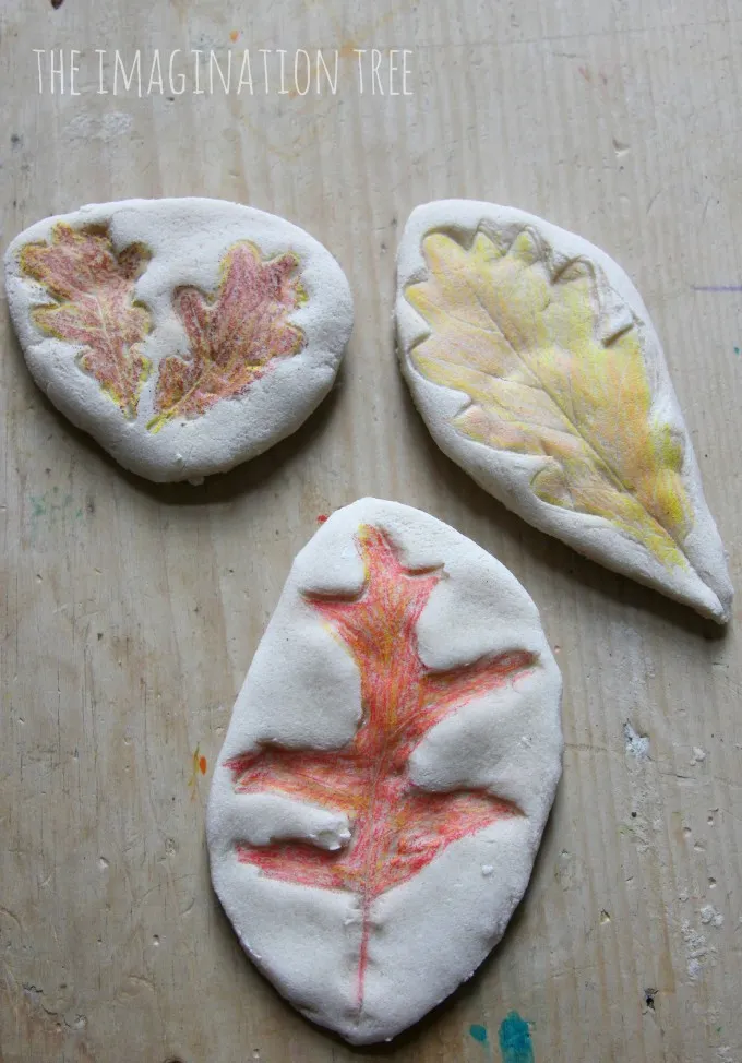 easy fall craft kids Coloured salt dough leaf impressions