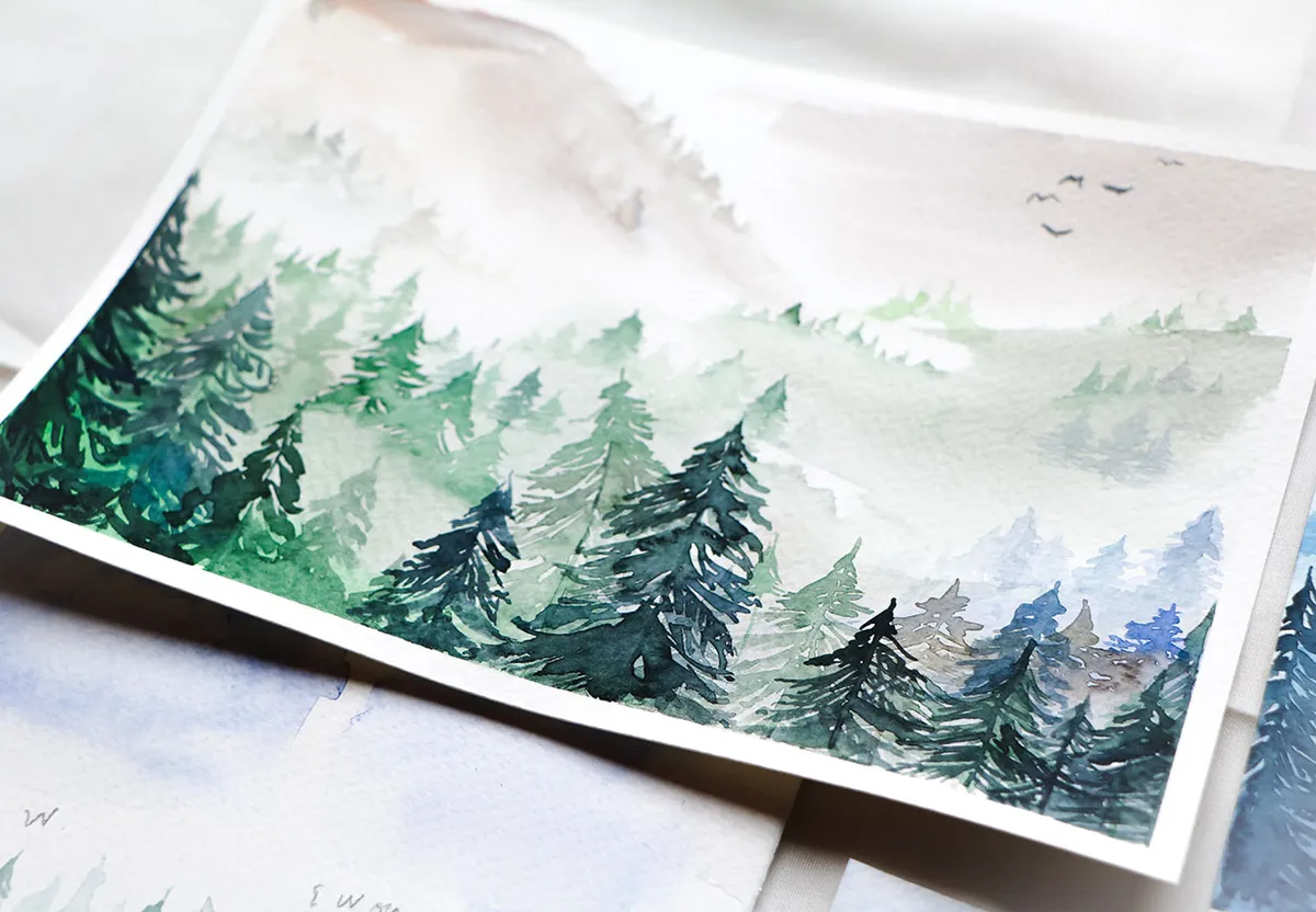 Fall painting idea – misty mountain scene
