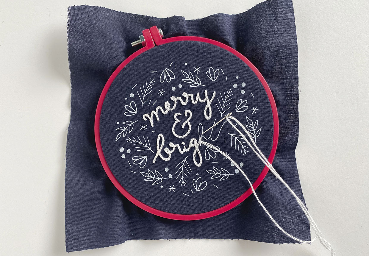 Merry and bright Christmas embroidery design step 1