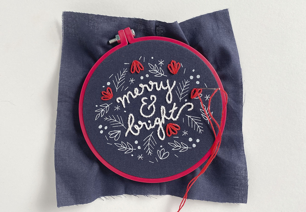 Merry and bright Christmas embroidery design step 2