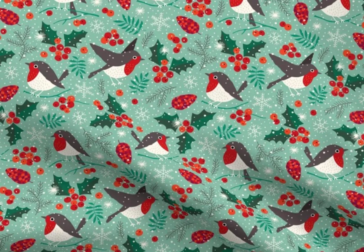Christmas birds in snow fabric