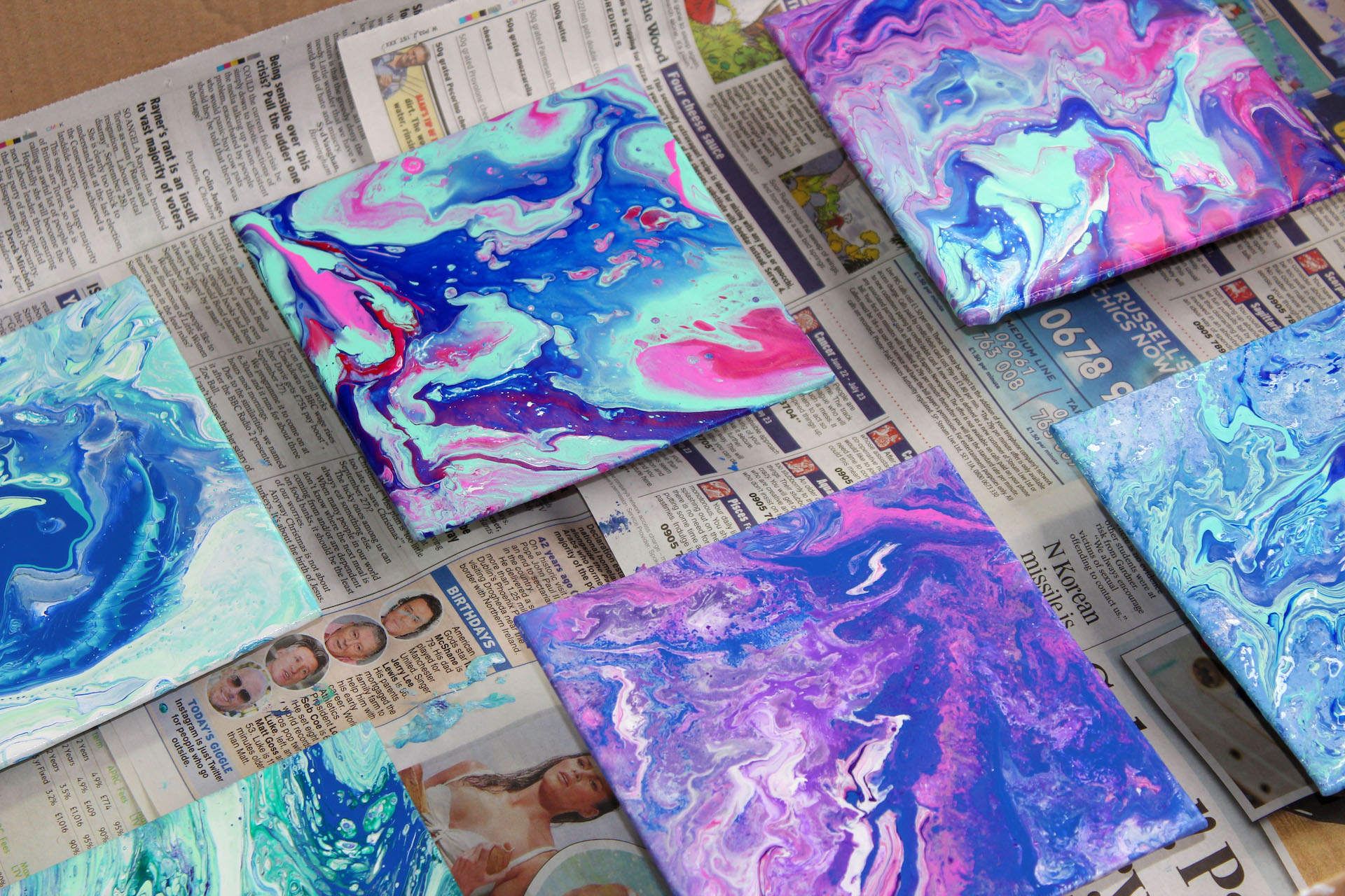 Acrylic pouring for beginners - leave to dry where it won't be disturbed