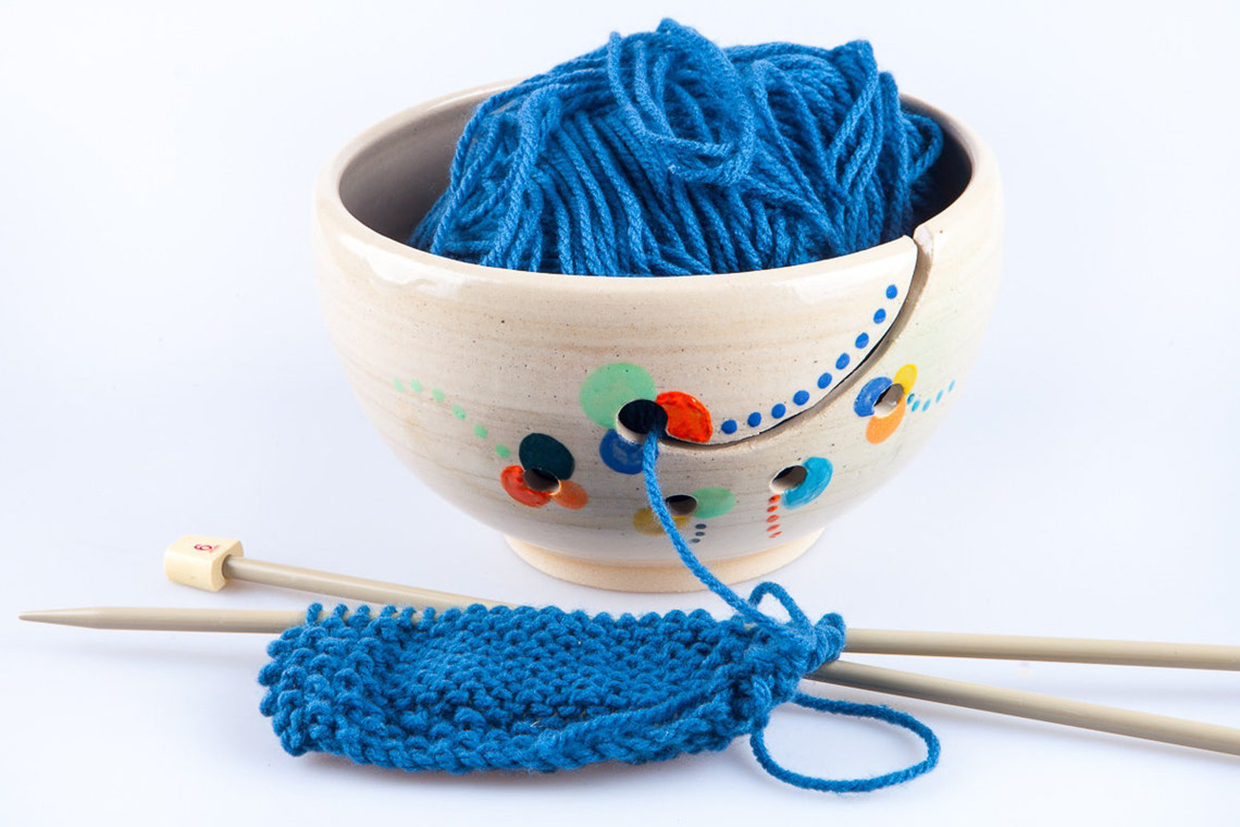 Ceramic knitting bowl, yarn bowl. Holds balls of yarn and knitting needles
