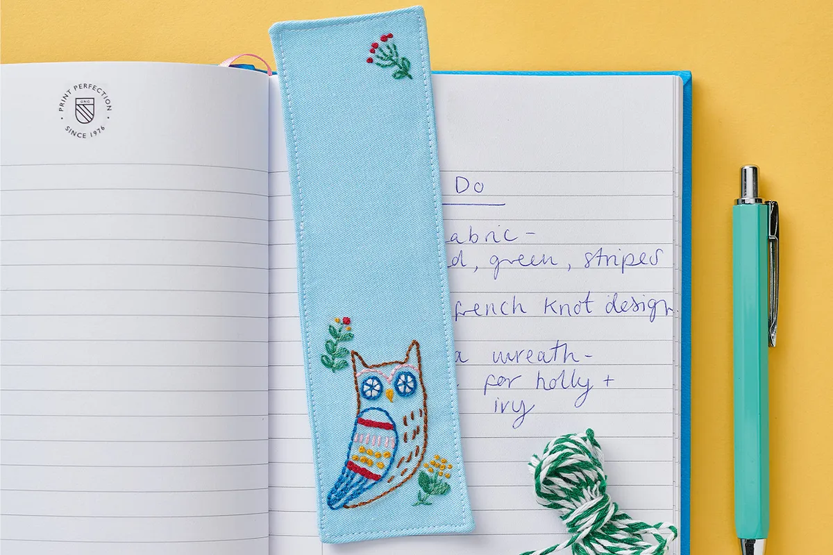 embroidered bookmark with an owl pattern