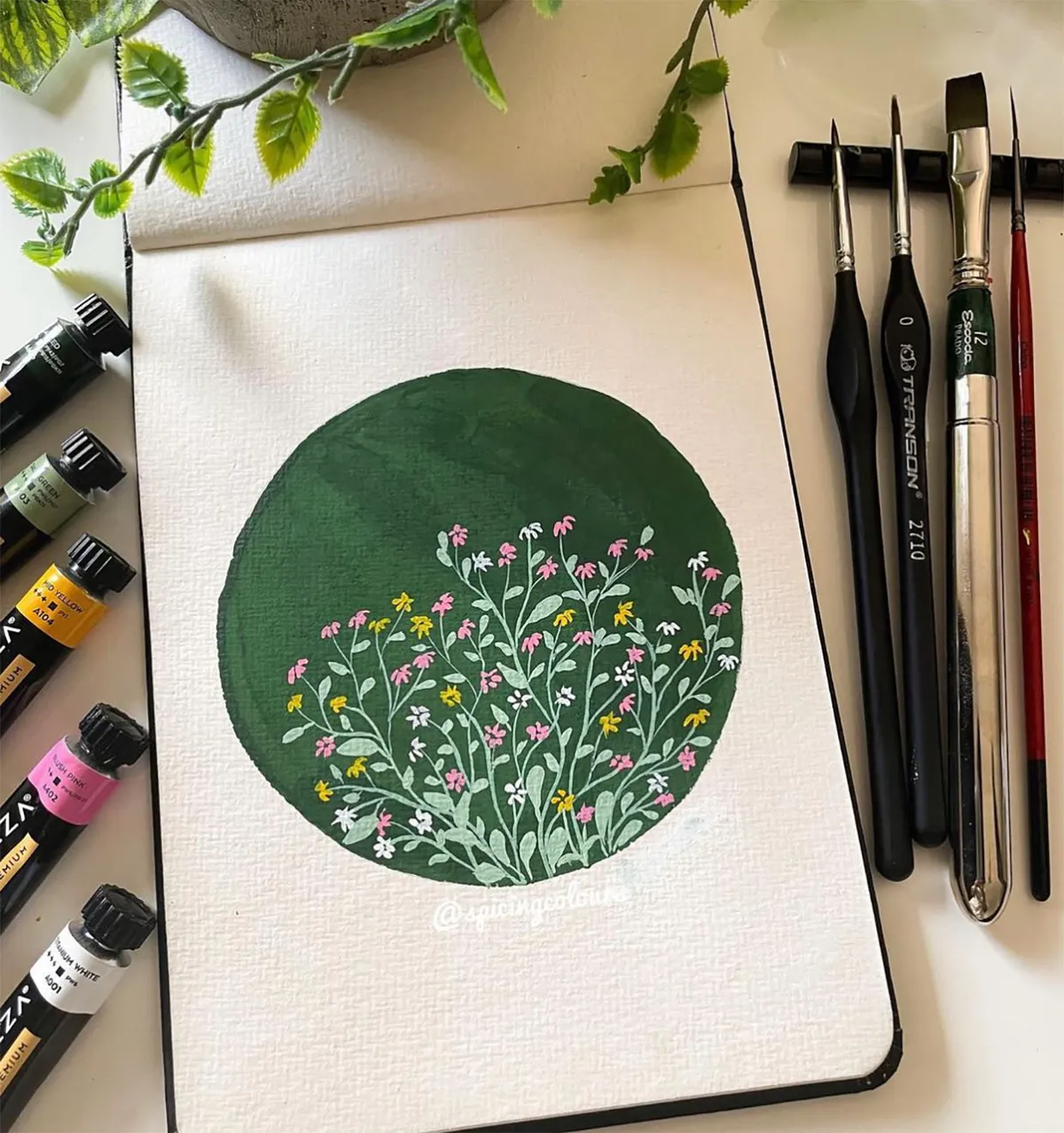 Fill a circle with gouache flowers