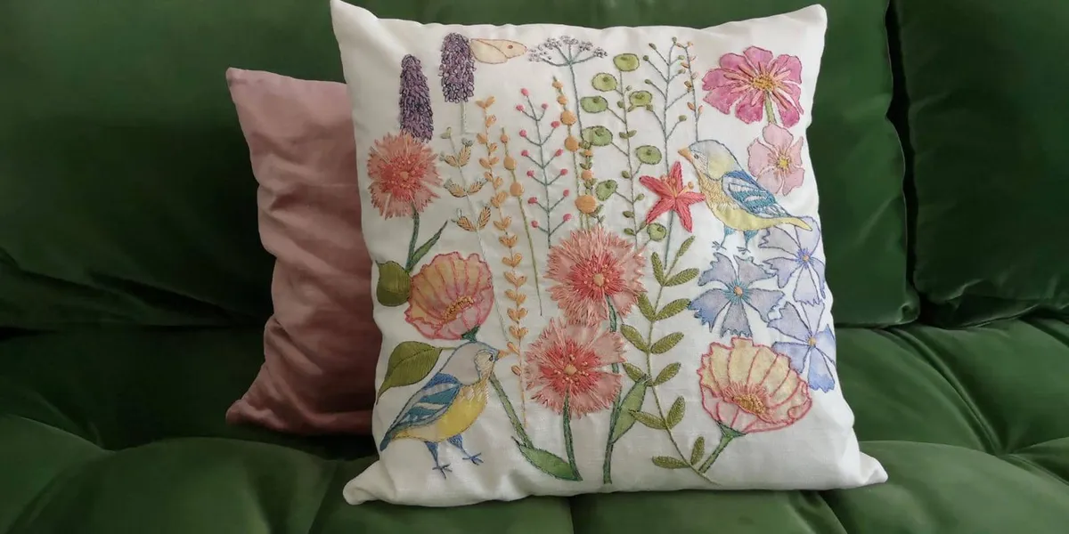embroidered cushion kit with botanical pattern