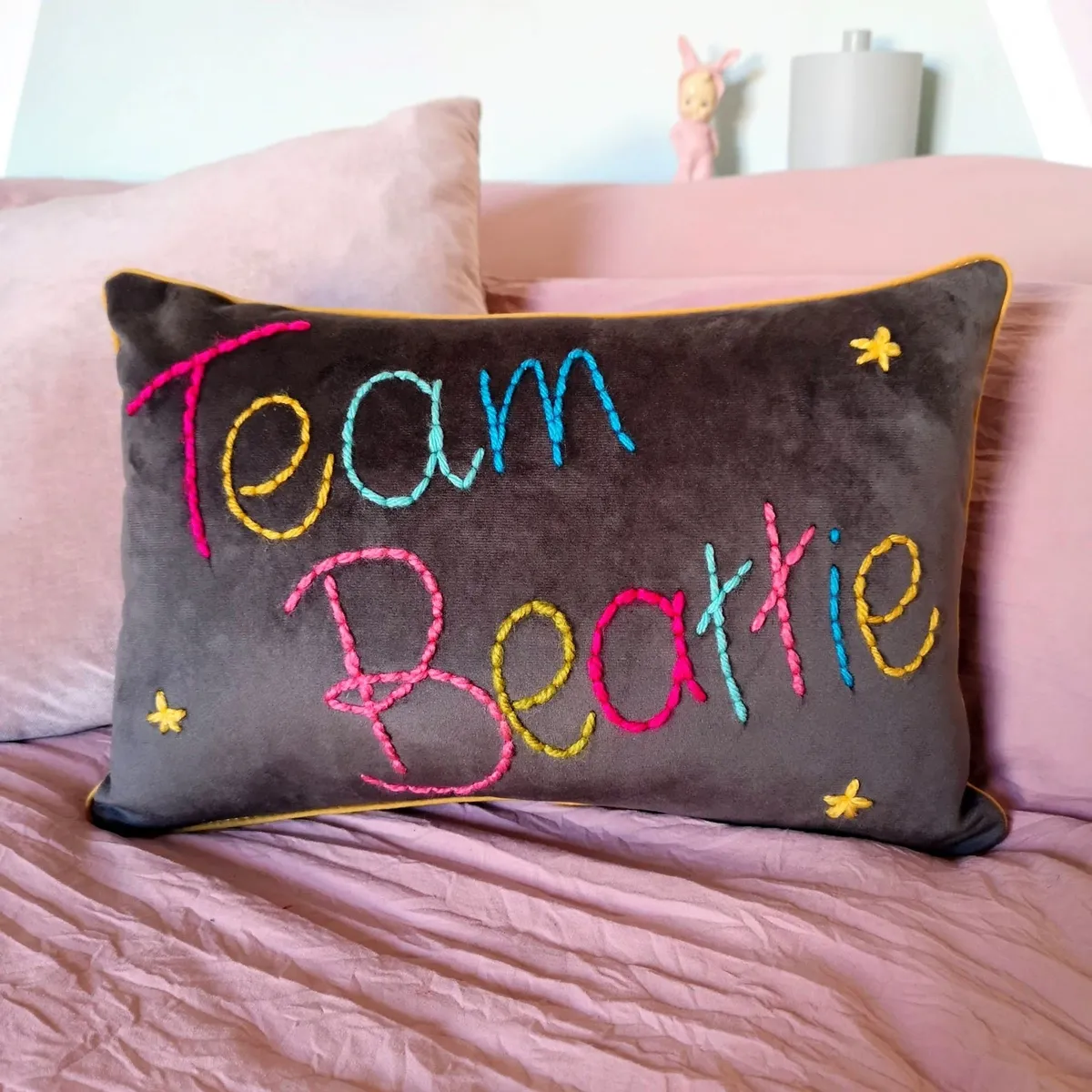 embroidered cushion with personalised message