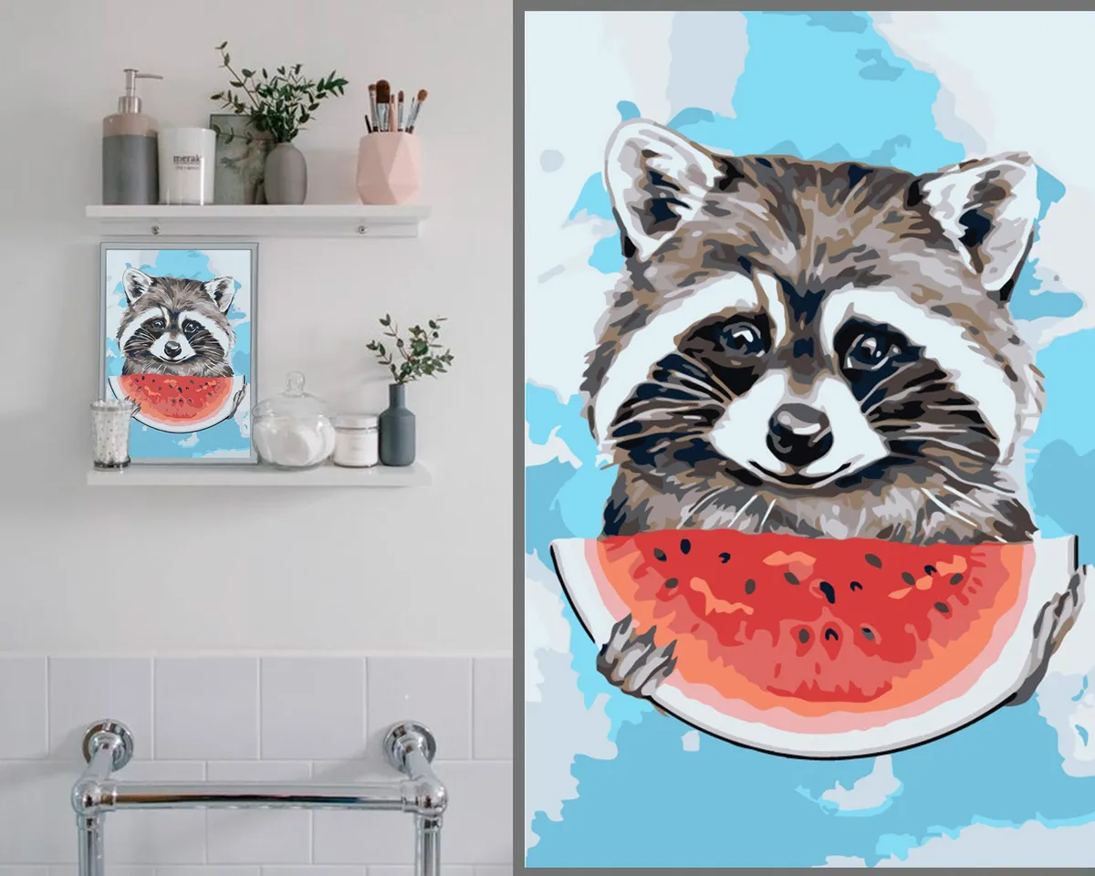 paint by numbers kit with raccoon holding a watermelon slice