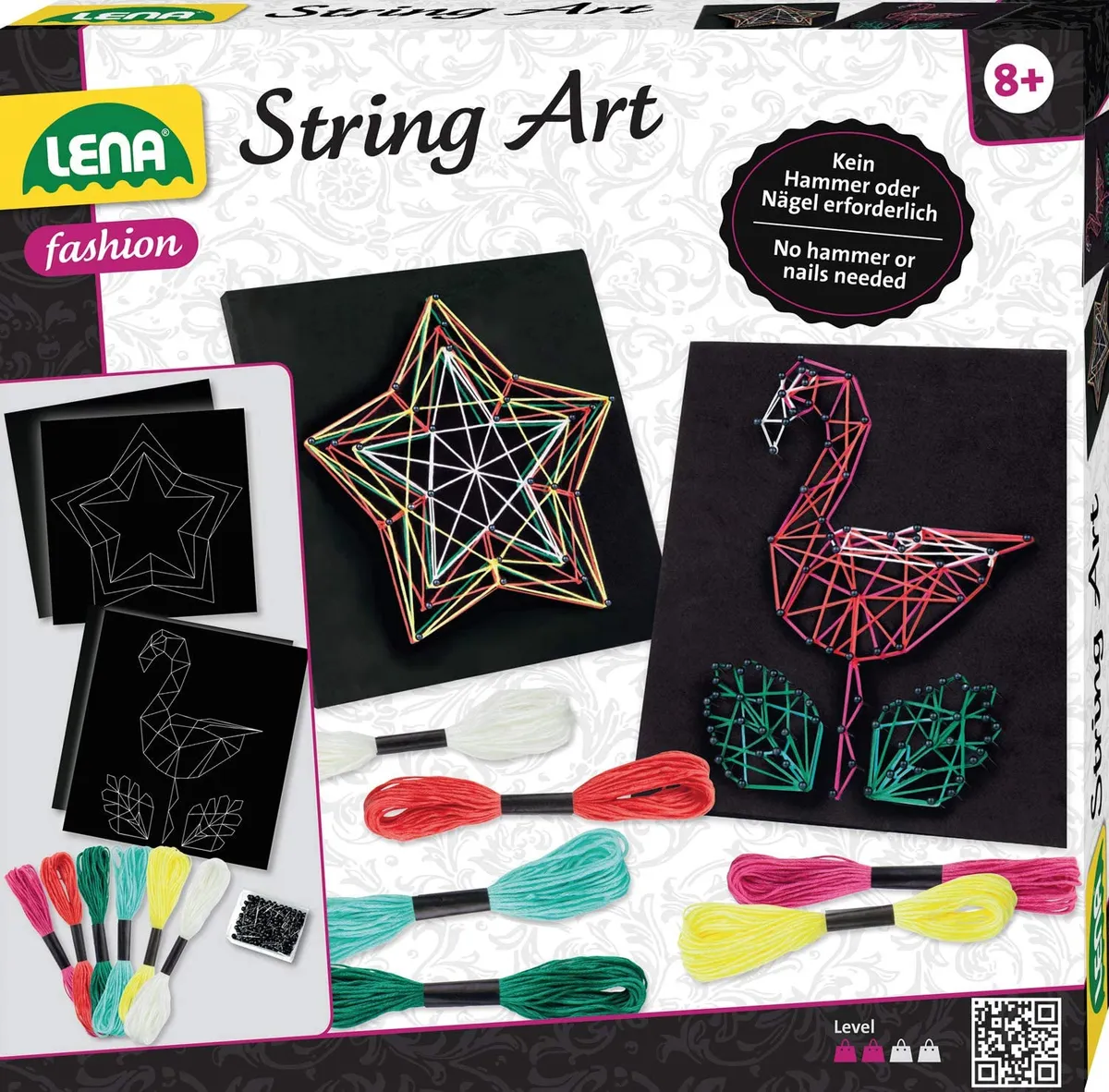 LENA string art kit box with string art flamingo and star on the front
