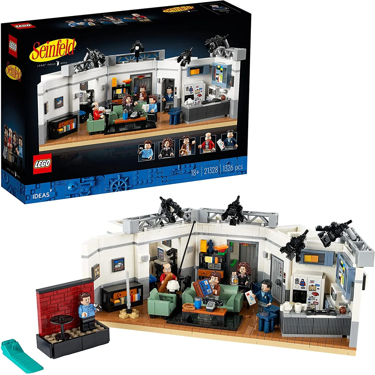Lego Seinfeld kit box and set up of the kit