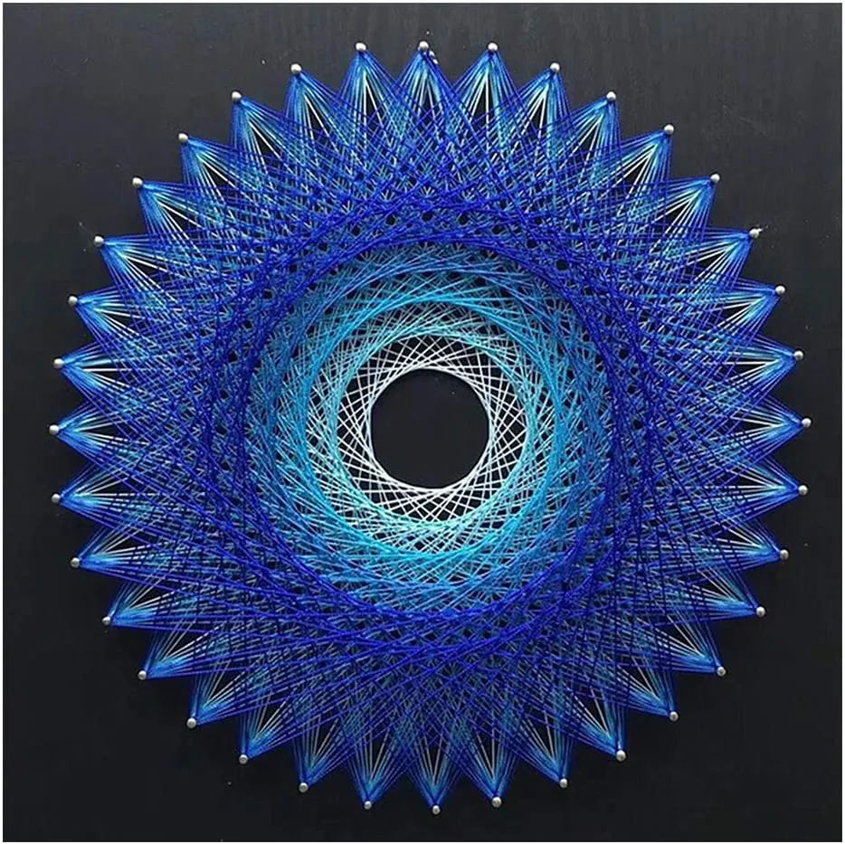 Blue mandala spiral string art on a black background