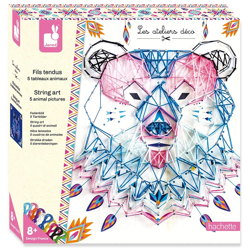 Janod string art kit box with a pink and blue string art bear on the front