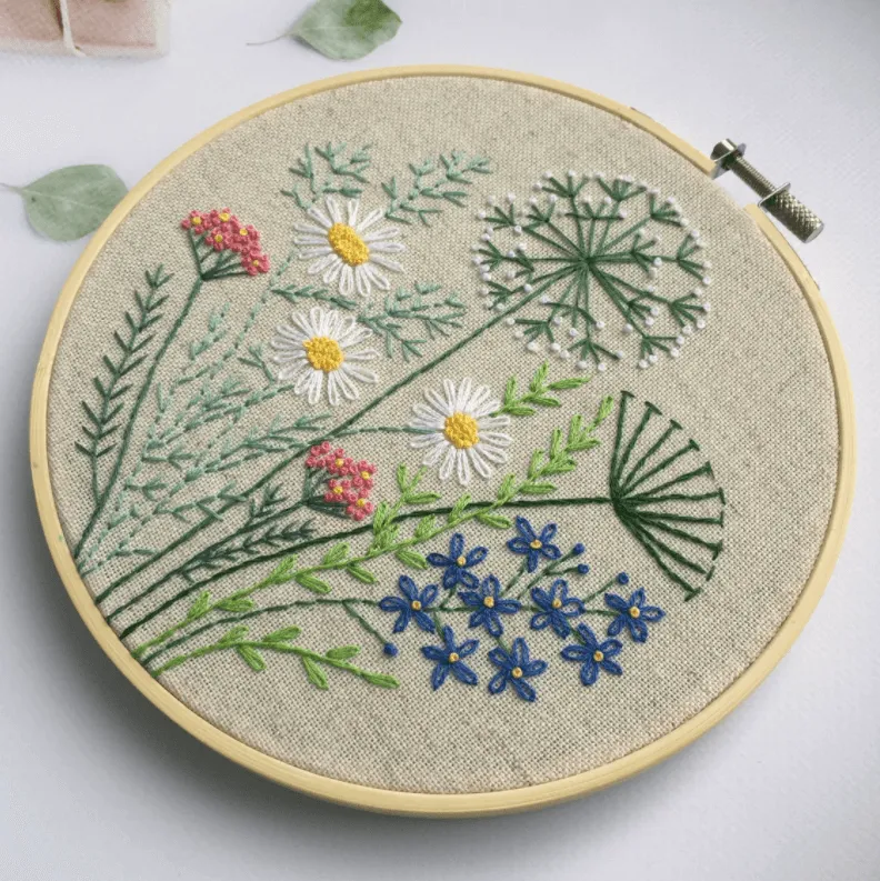 wild flower embroidery on linen