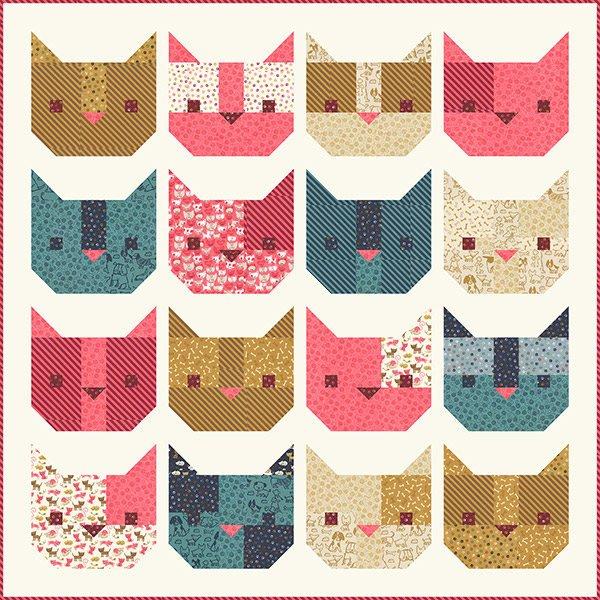 a cat quilt block with 12 cat faces in different colours and patterns