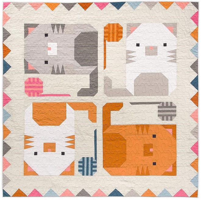 A cats quilting pattern showing 5 cats arranged in a square at 90 degrees to each other