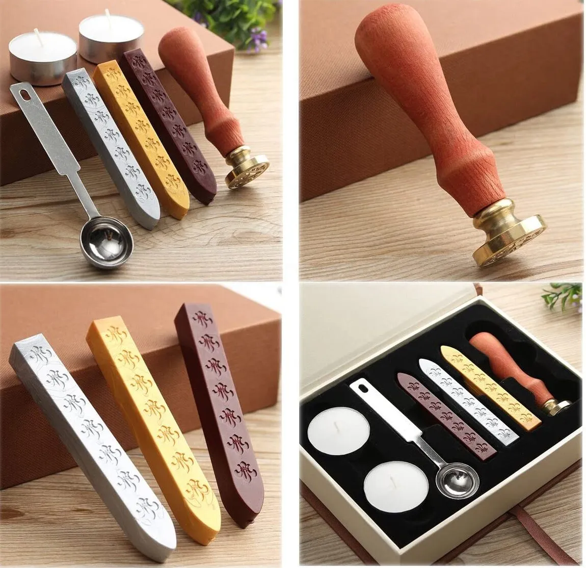 four pictures of a wax seal kit with a stamper, silver, gold and bronze wax and a kit box containing candles