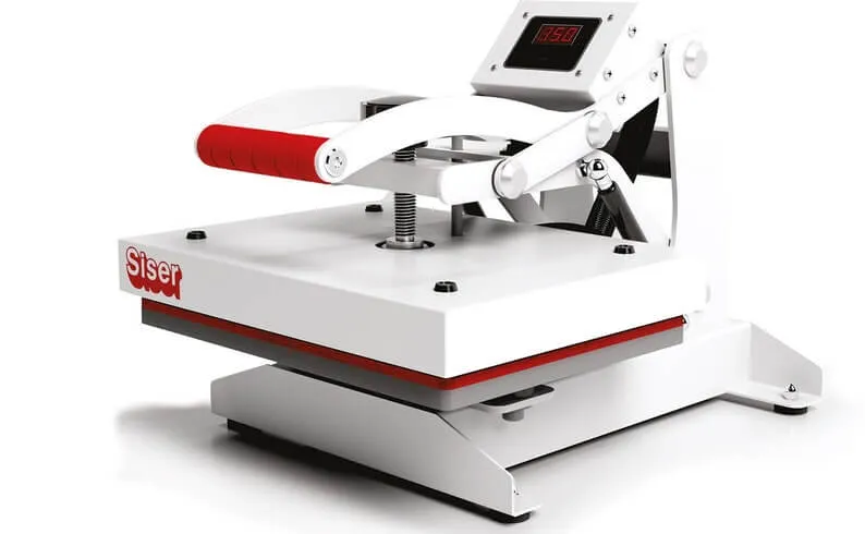 The sister het press machine uk has a red foam handle and a large black display screen
