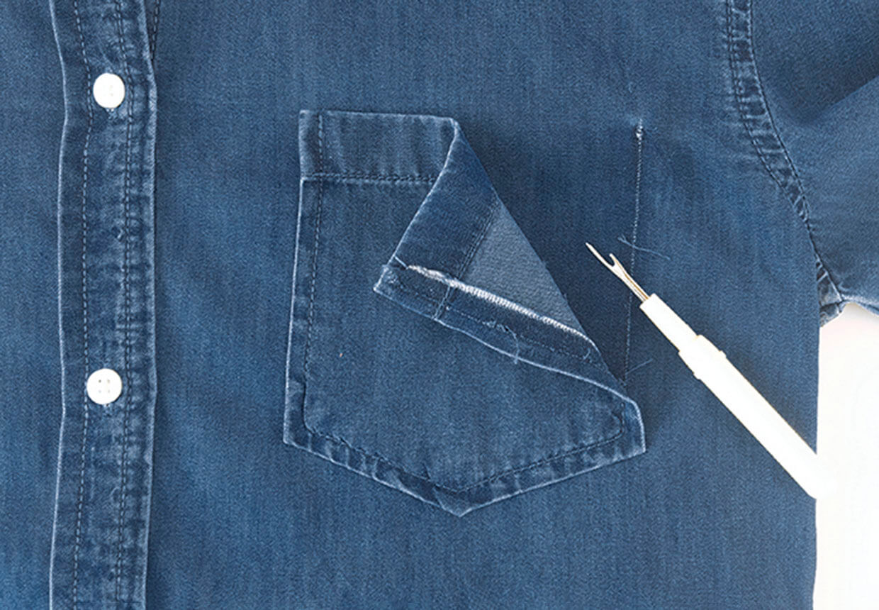 Remove any pockets from the shirt carefully with your stitch ripper