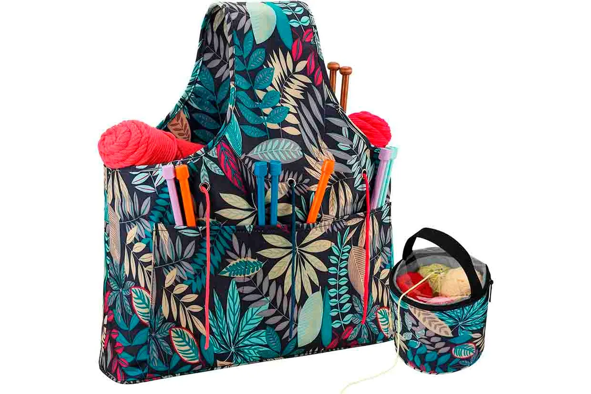 The knitting bag is black with a colourful foliage print and a smaller matching bucket bug included in the set