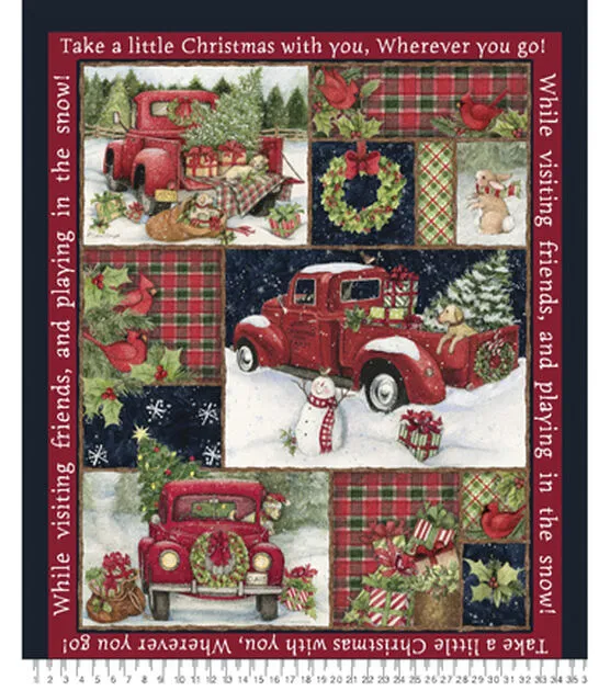 Red Truck Collage Christmas Quilt Panel Cotton Fabric