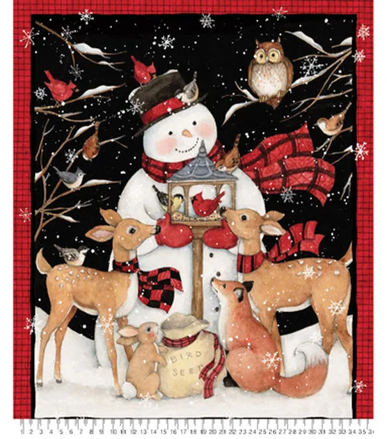 Susan Winget Snowman & Deer Christmas Quilt Panel Cotton Fabric