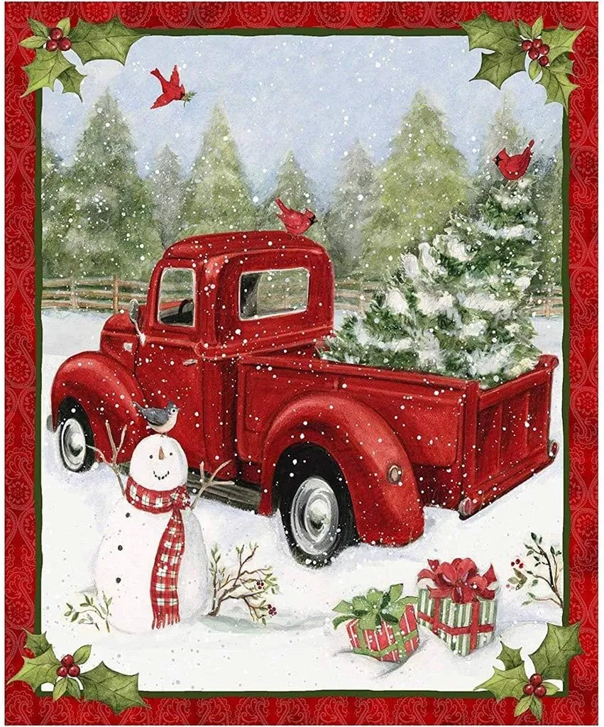 Christmas Fabric Red Truck Collage Panel