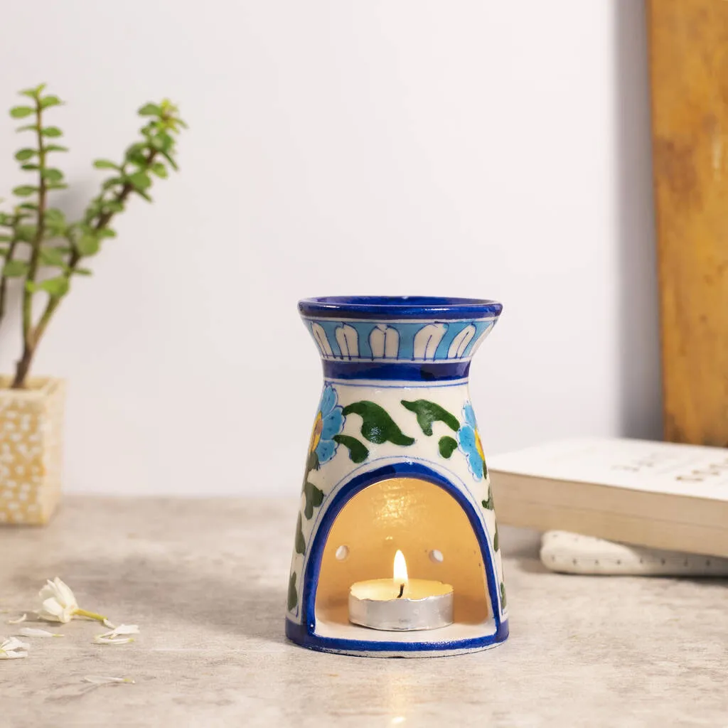 Blue Pottery Oil Burner With Flower Design pottery gift