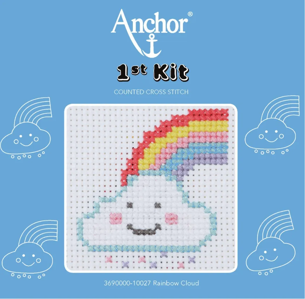 a cross stitch cloud has a smiling face with pink cheeks and colourful raindrops below it. Half a rainbow can be seen coming from his head going off the edge of the design