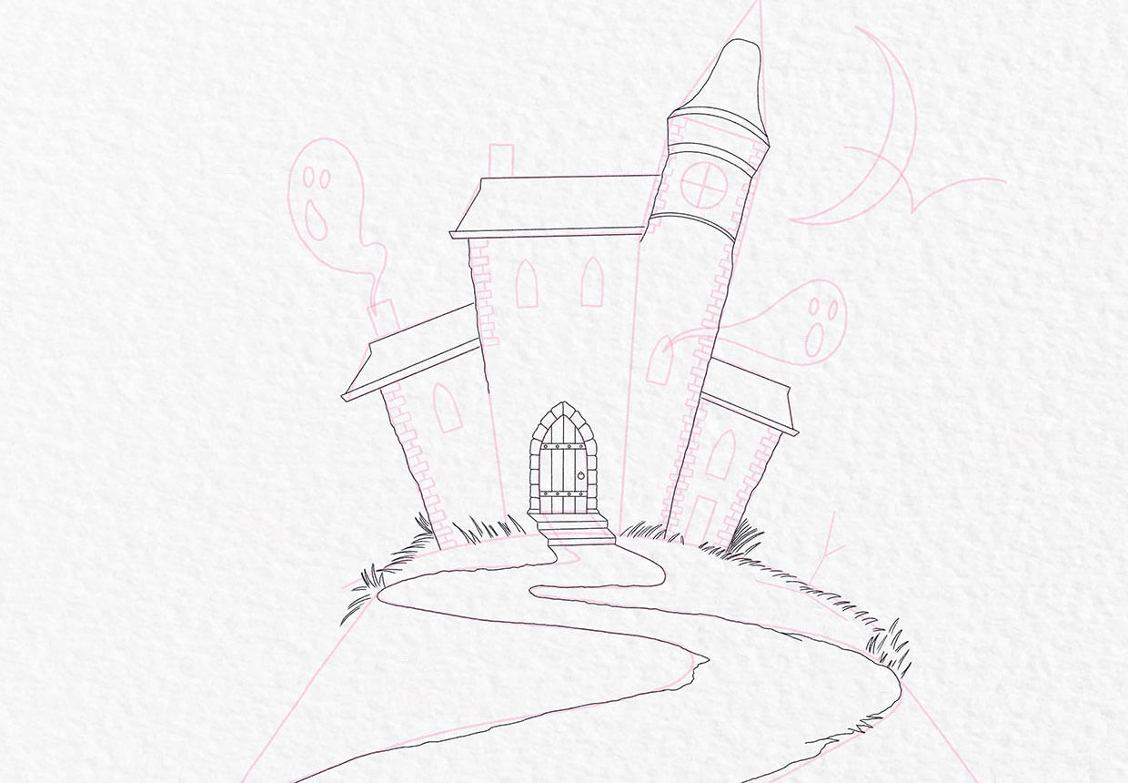 How to draw a haunted house step 10