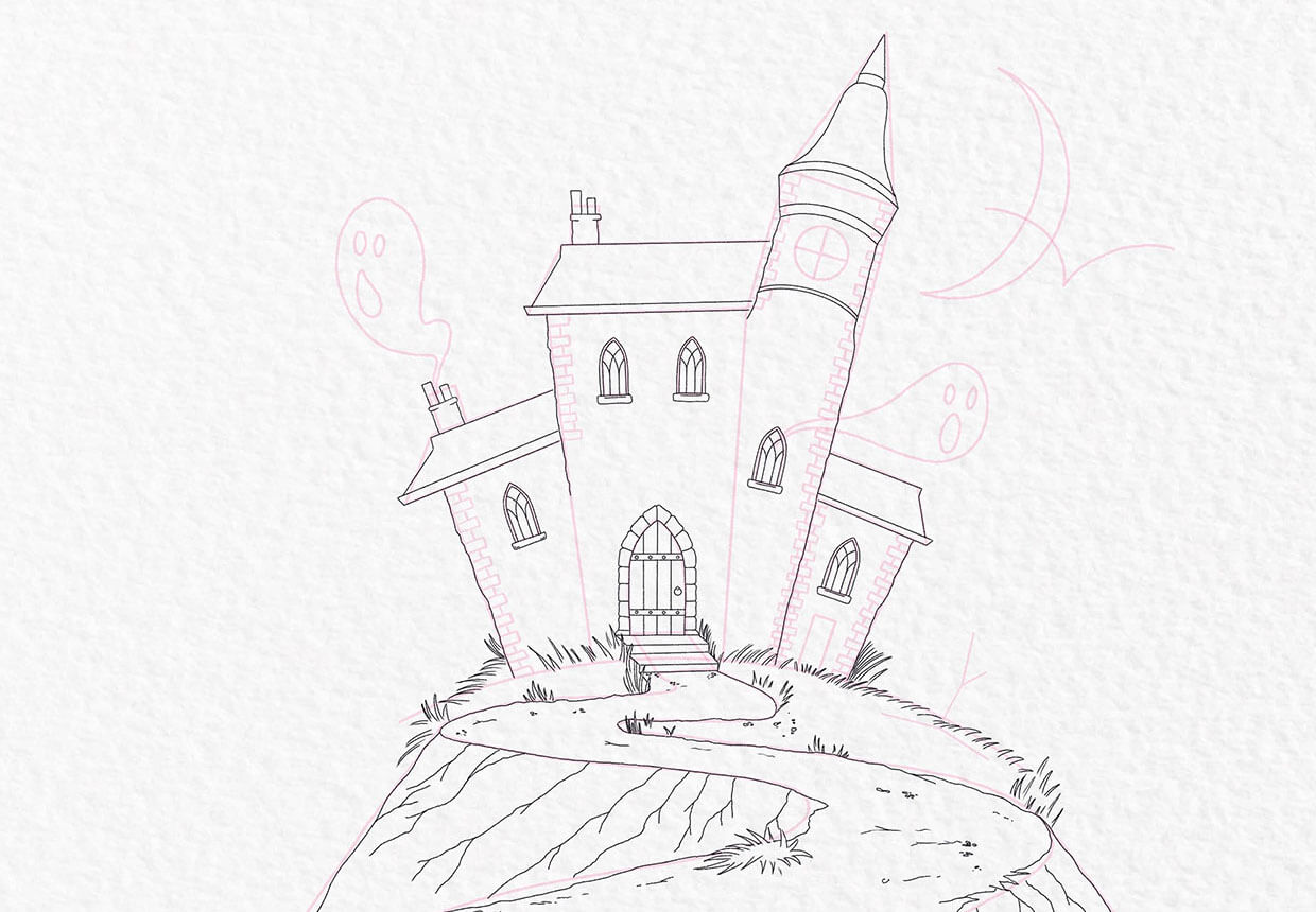 How to draw a haunted house step 13