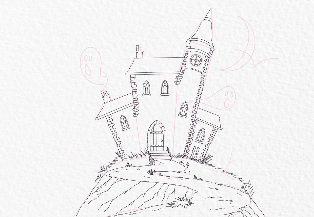 How to draw a haunted house step 14