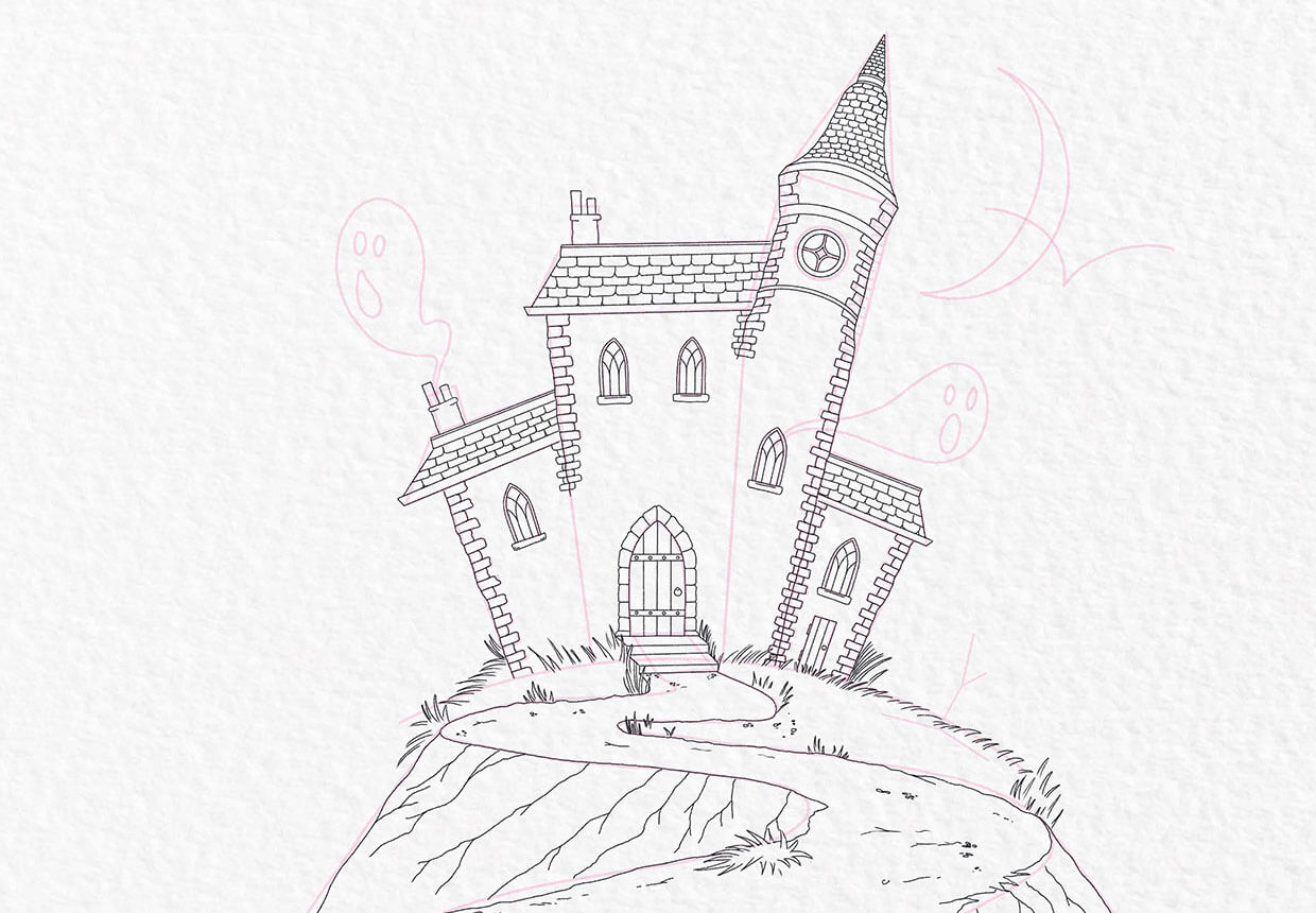 How to draw a haunted house step 15
