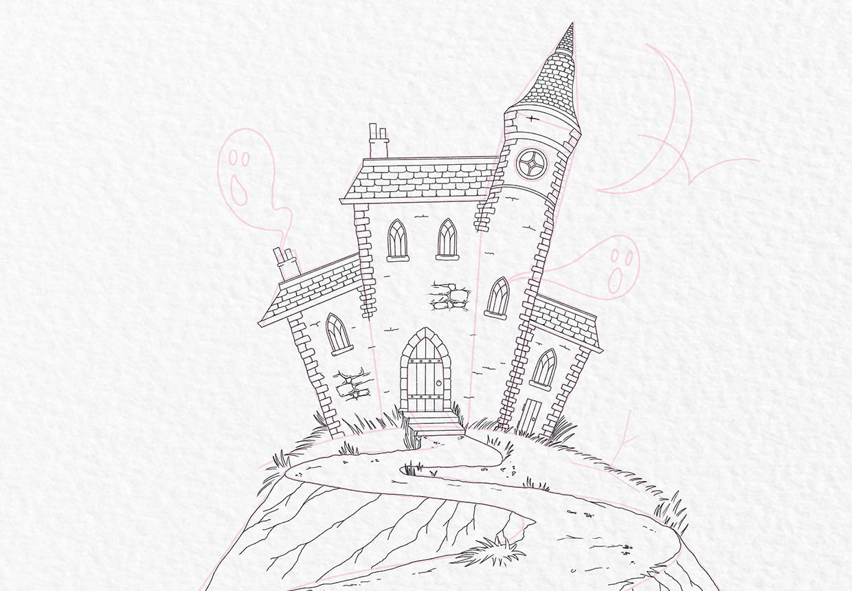 How to draw a haunted house step 16