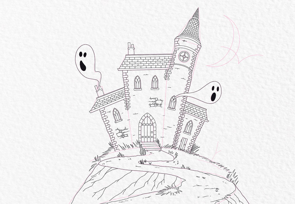How to draw a haunted house step 17