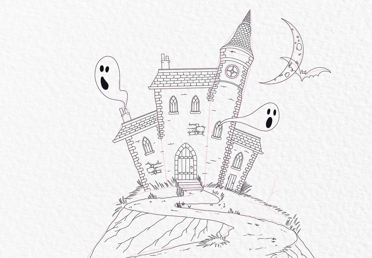 How to draw a haunted house step 18
