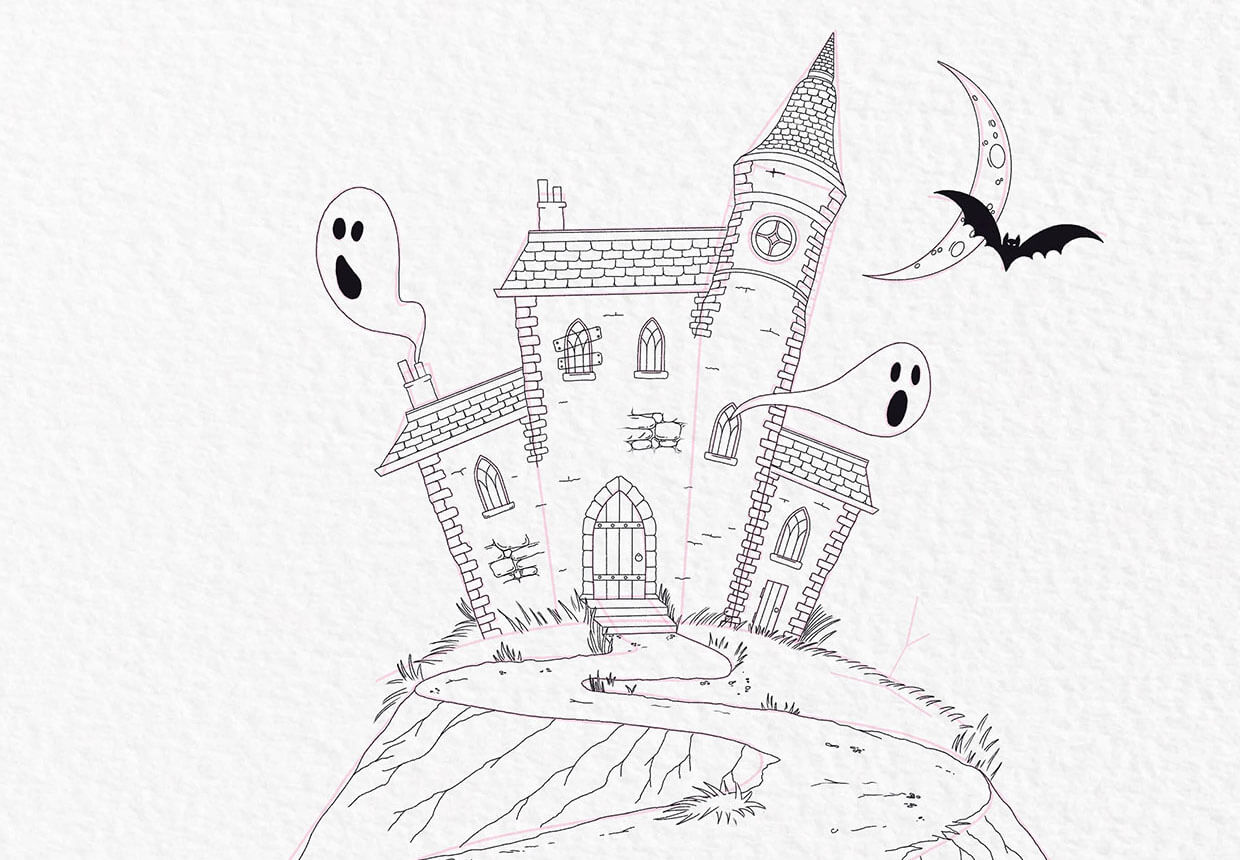 How to draw a haunted house step 19