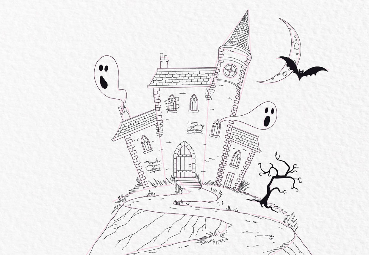 How to draw a haunted house step 20
