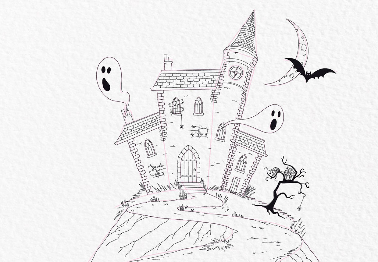 How to draw a haunted house step 21