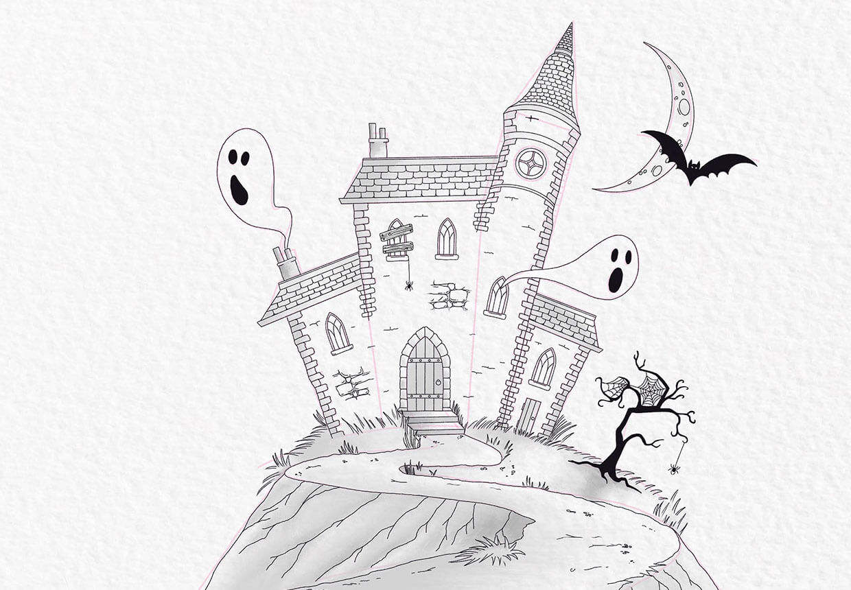 How to draw a haunted house step 22