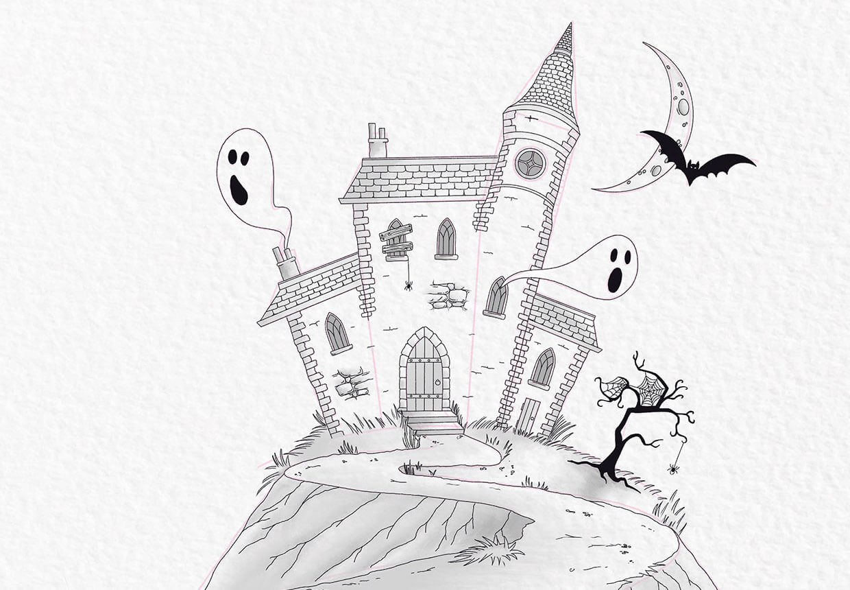 How to draw a haunted house step 23