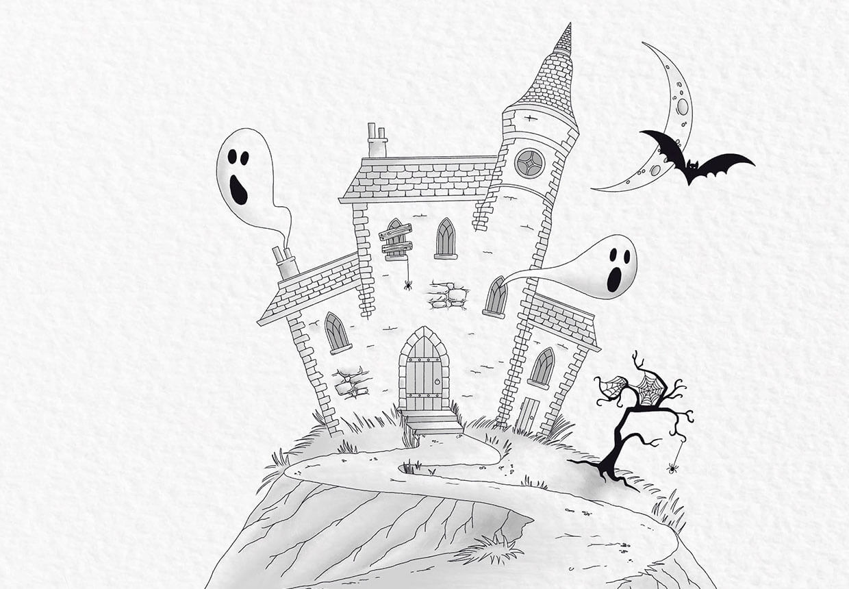 How to draw a haunted house step 24