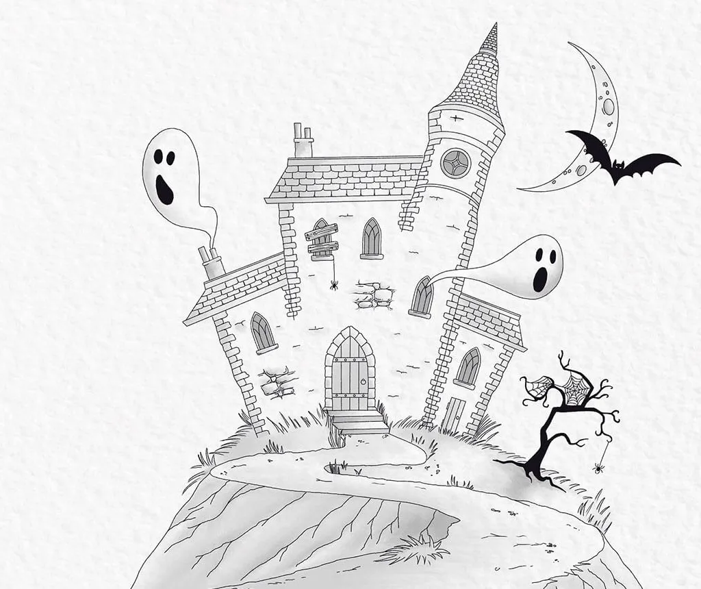 How to draw a haunted house step 24